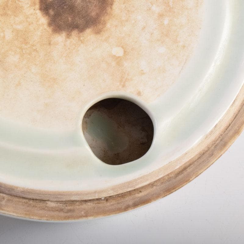 中国　書道具　青花　山水文　円式陶硯　V　8477