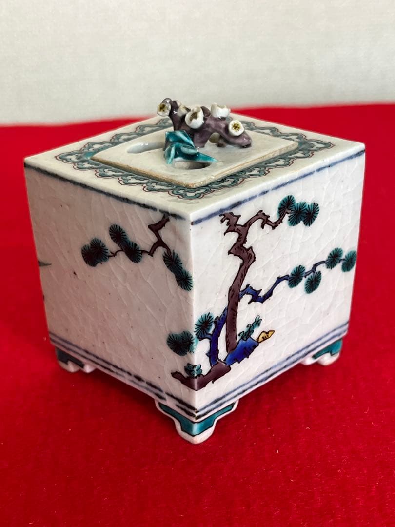 人間国宝 初代 徳田八十吉作 古九谷敬意 角香炉 管理T262