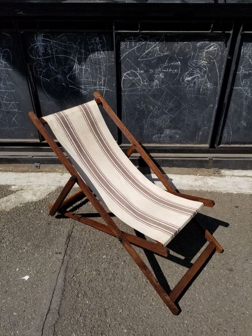 1960年代　ヴィンテージ　縞柄　帆布　オーク材　ストライプ　ロッキングチェア
