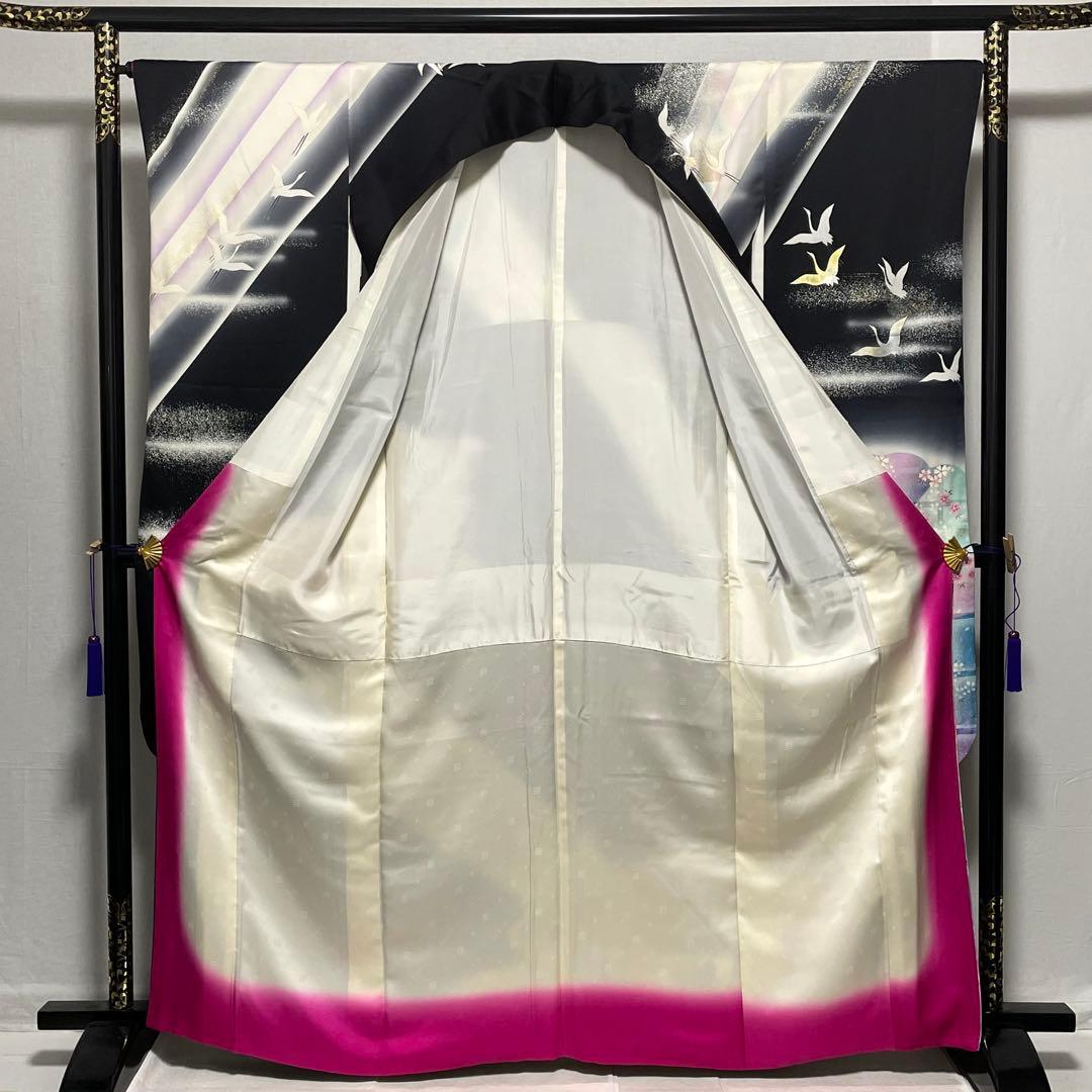 D769 振袖　松本幸四郎　黒地　鶴　桜　正絹　着物　袷　極美品