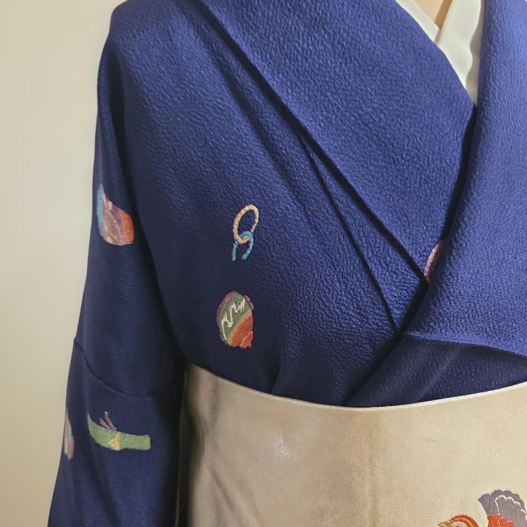 古代ちりめん小紋　紺地　茶道具飛び柄　6611