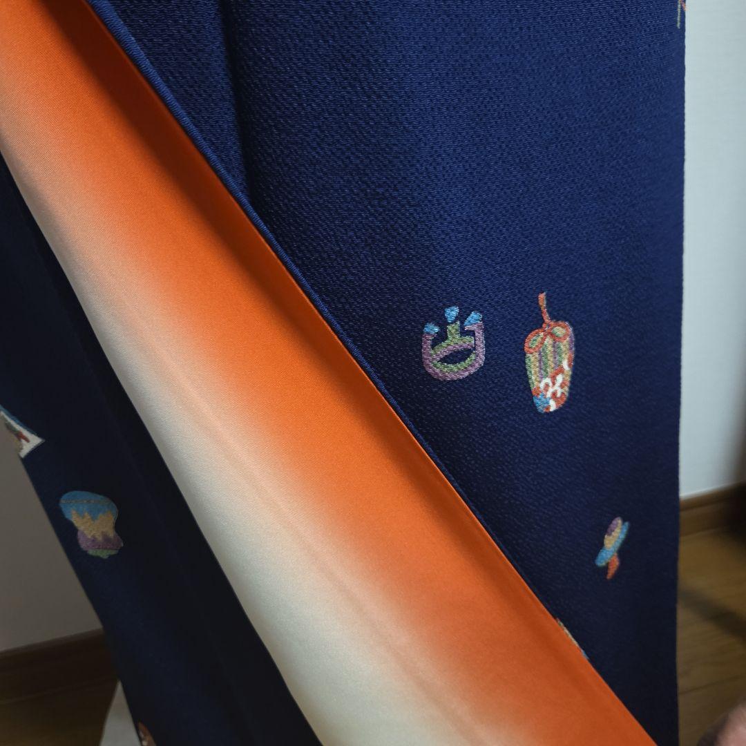 古代ちりめん小紋　紺地　茶道具飛び柄　6611