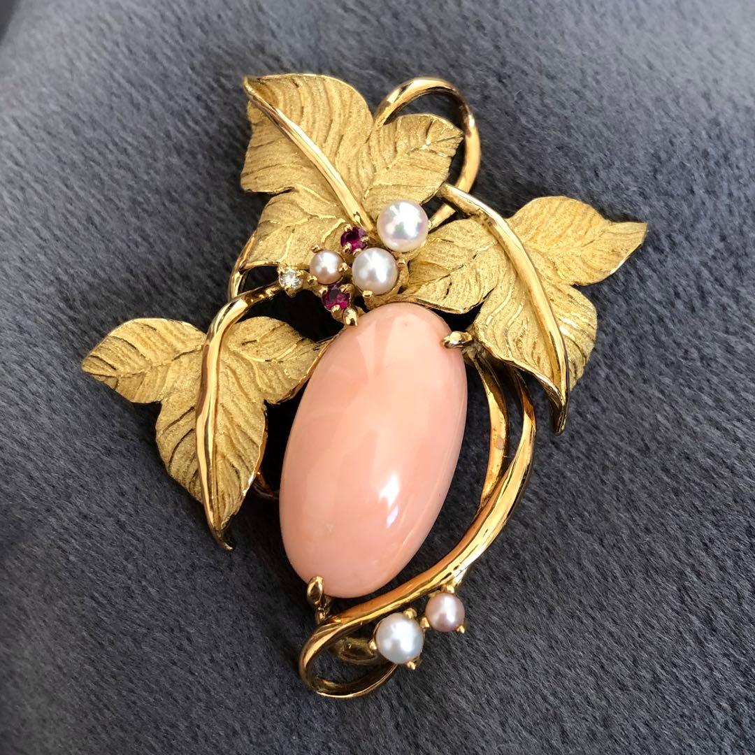綺麗！★ 金無垢 K18 15.3g 珊瑚 パール ダイヤ ルビー ブローチ