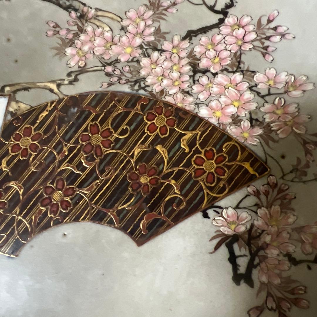 古美術　桜の木　扇面絵　極細絵　九谷谷口製　在銘