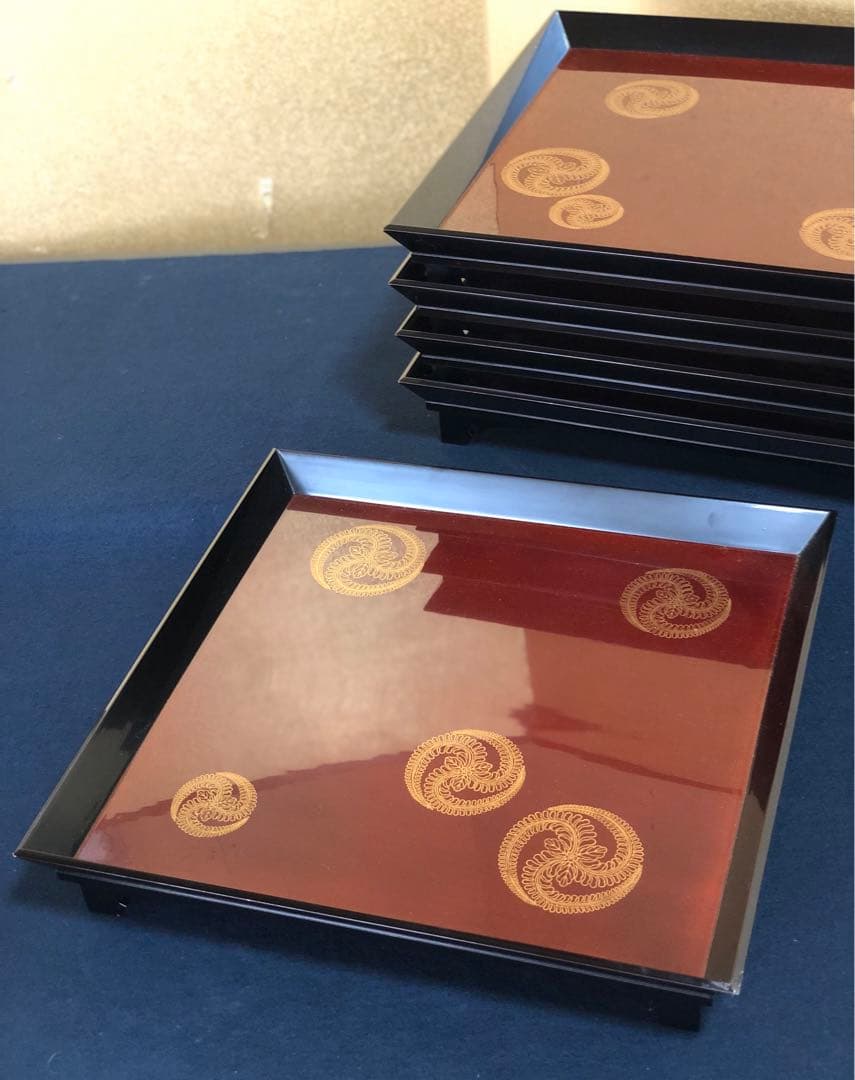 《レ》溜塗 蒔絵付 脚付 会席膳5客 木製漆器 時代 251024い6