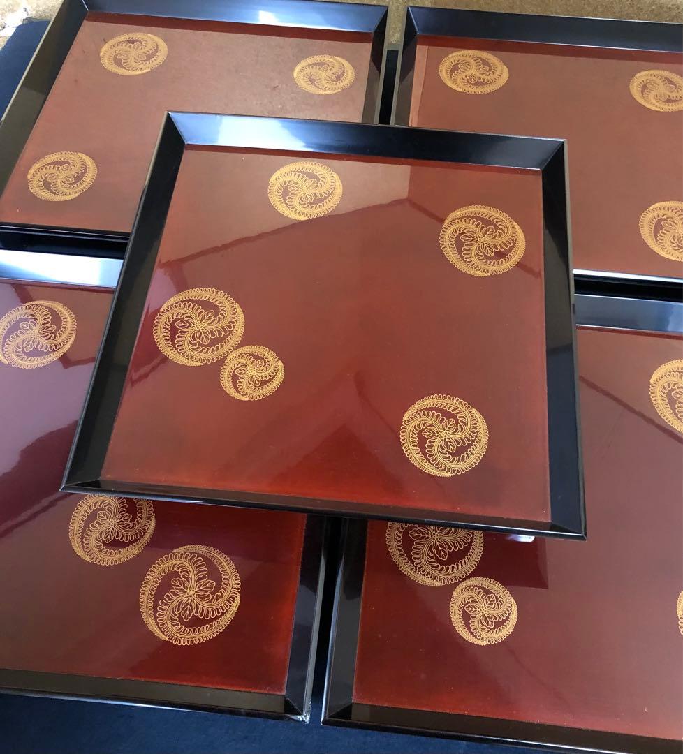 《レ》溜塗 蒔絵付 脚付 会席膳5客 木製漆器 時代 251024い6