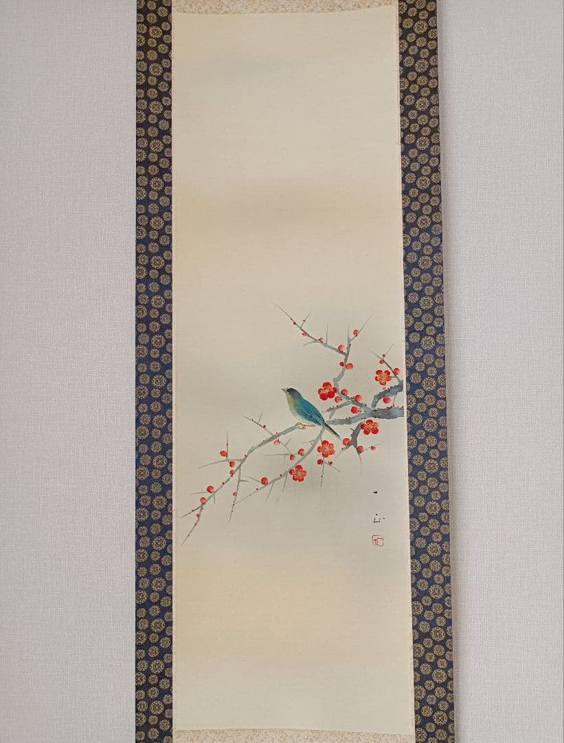 美品 軸 開運 福 おもてなし 絵 幸運 青鳥 花 茶 中国 美術 インテリア