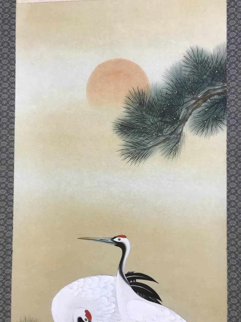 真作/石河暁風/松上双鶴図/鶴図/掛軸/名家伝来/AD-958