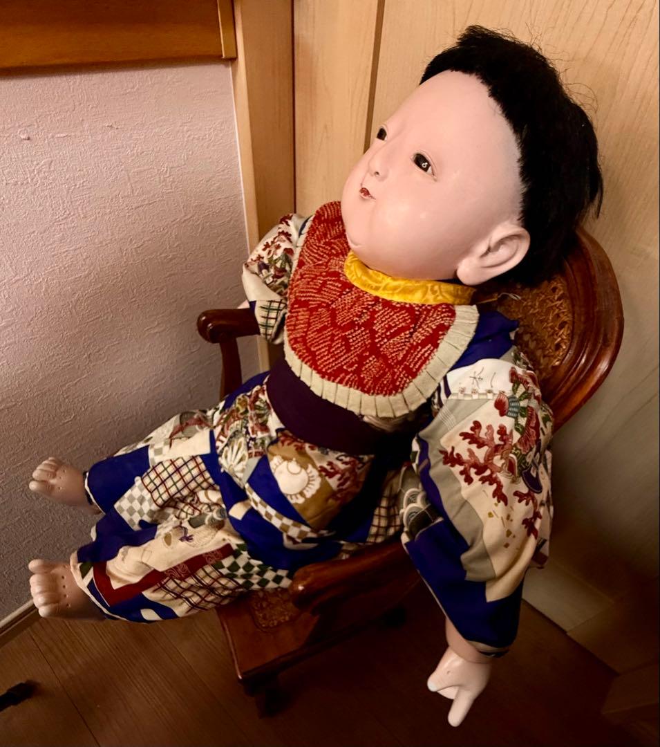 明治時代 抱き人形 男の子 市松人形 着物 貴重 骨董 70cm