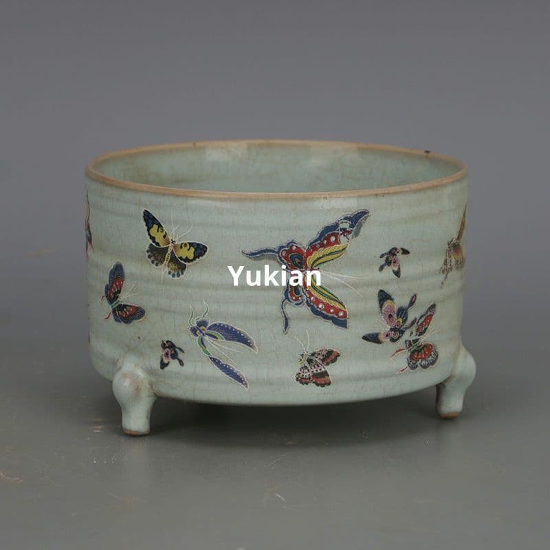 蝶恋花三足香炉 陶磁器 現代工芸品 美術品 装飾品 置物