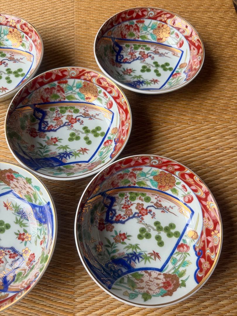 林九郎窯 有田焼 波佐見焼 赤絵 金彩 牡丹 松竹梅 5客