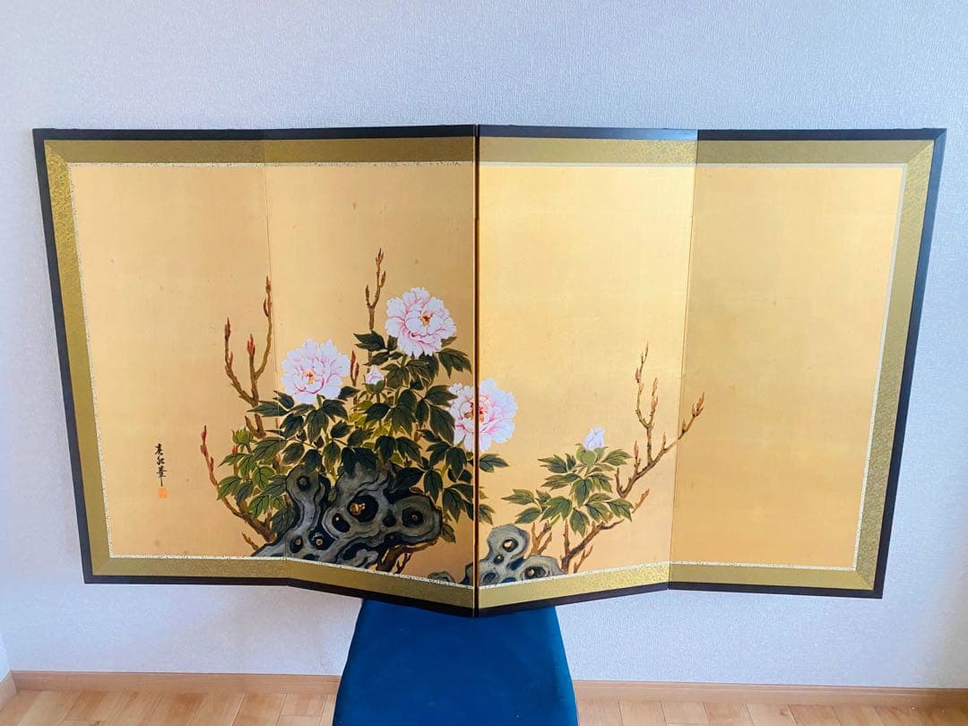 日本画 花と岩の屏風 160cm x 90cm