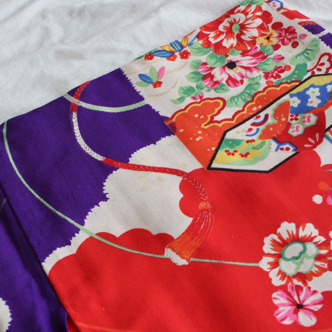 七五三 3歳 女の子 子供 アンティーク 正絹 着物 被布 ビーズバッグ セット