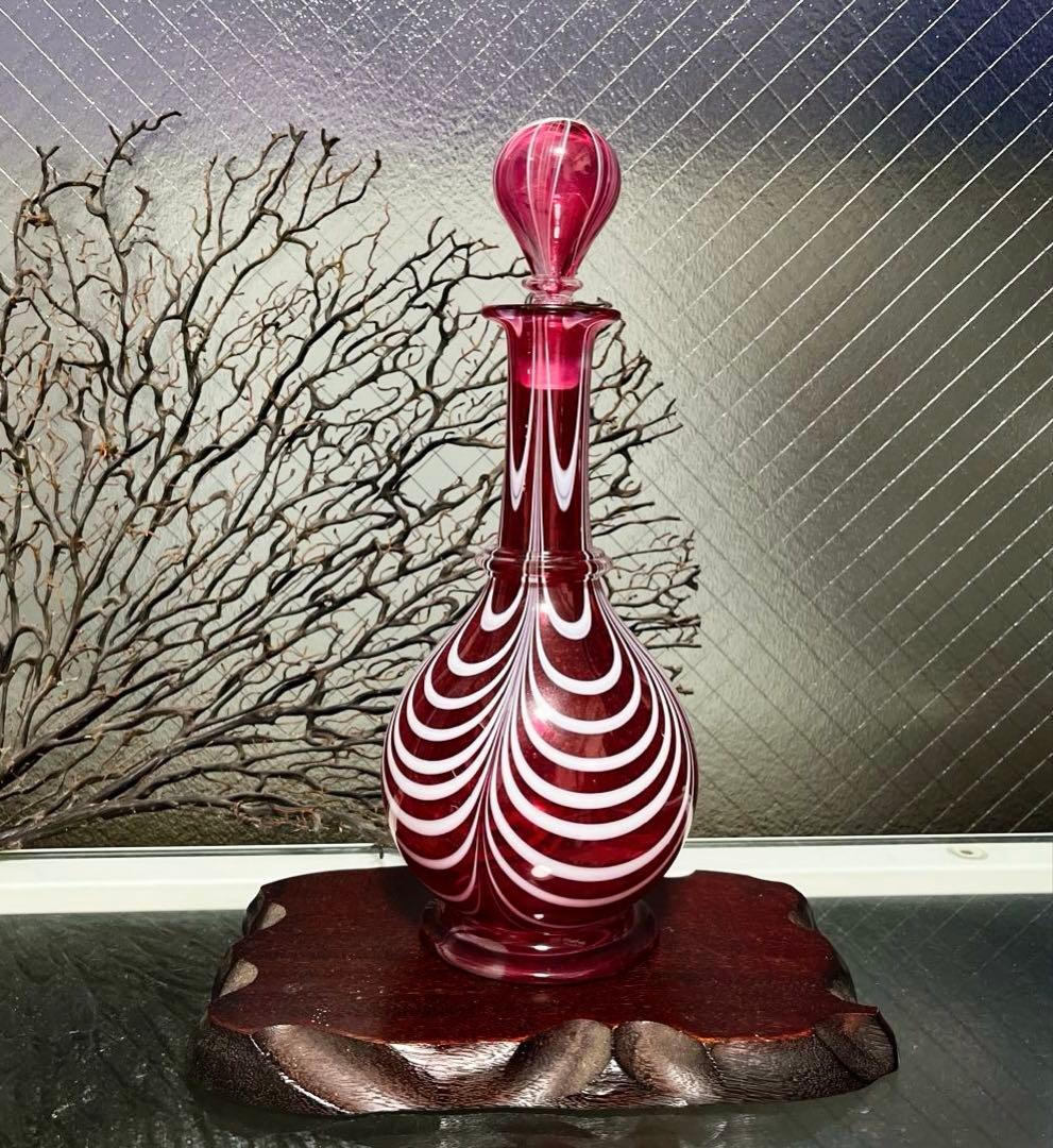 骨董　時代ガラス　希少　金赤ガラス　掻き揚げ紋　カラフェ　酒器　ウランガラス