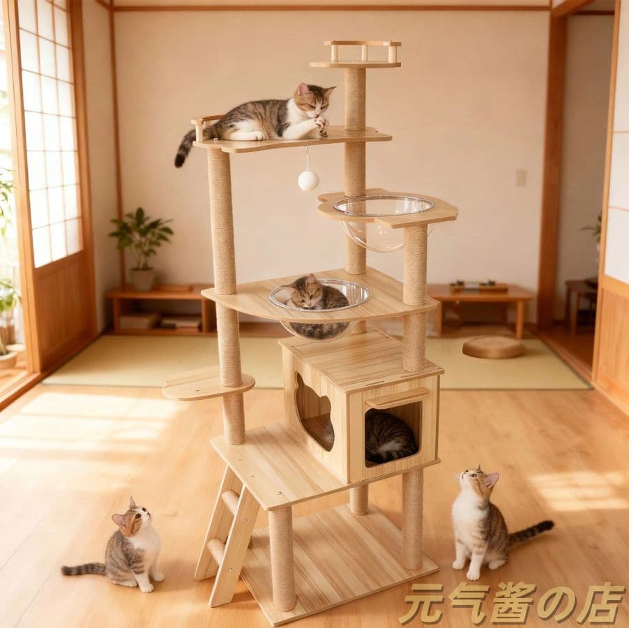 キャットタワー 170cm 6 段宇宙船 大型猫用 木製 多頭飼い