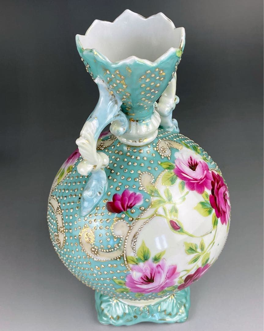 【希少】オールドニッポン 約２３cm アールヌーボー薔薇紋金盛り花瓶 ターコイズ