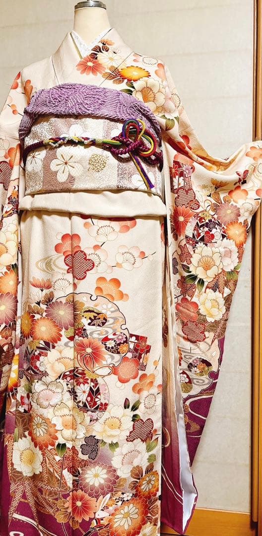 振袖　成人式　卒業式　オフホワイト　クリーム　パープル　袋帯　袴　振袖フルセット