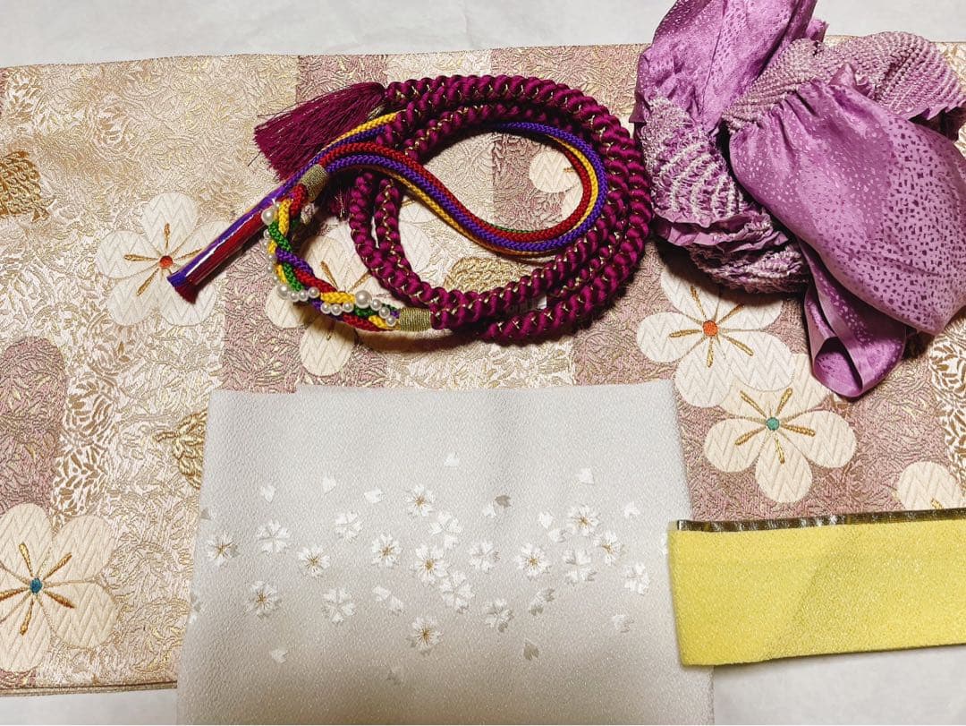 振袖　成人式　卒業式　オフホワイト　クリーム　パープル　袋帯　袴　振袖フルセット