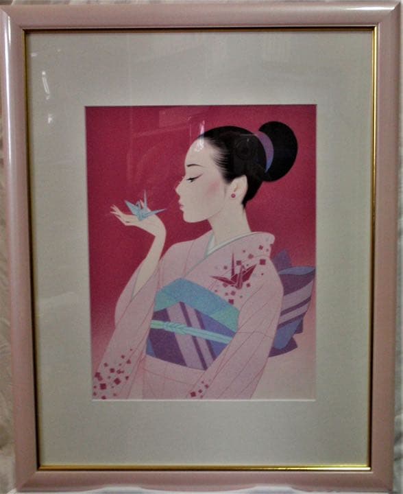 美品　鶴田一郎「折り鶴」複製画