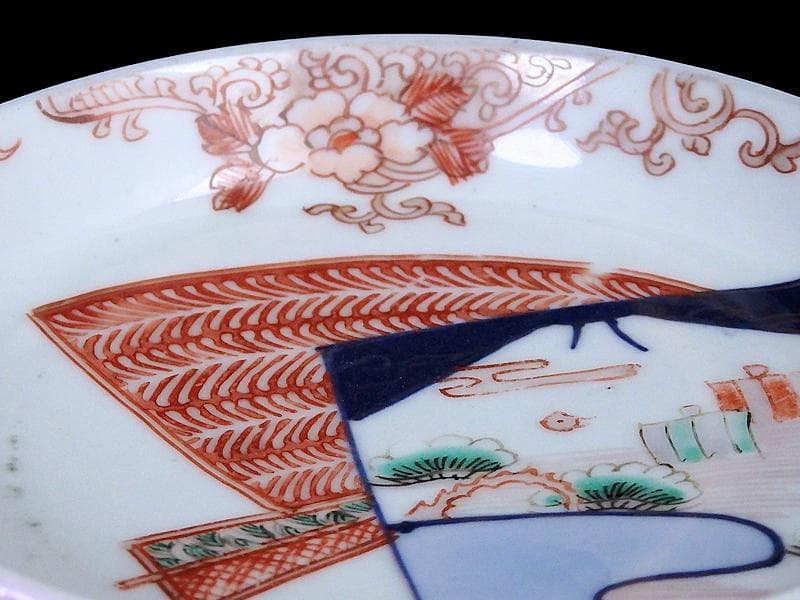 古伊万里　色絵　羊歯文様に松原帆掛け船　富士の図　５枚　B992AS-DAi