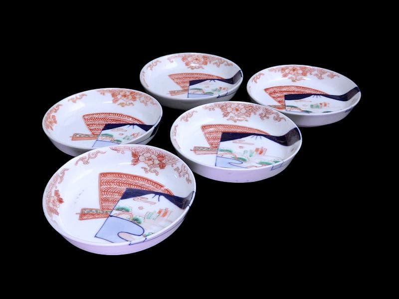 古伊万里　色絵　羊歯文様に松原帆掛け船　富士の図　５枚　B992AS-DAi