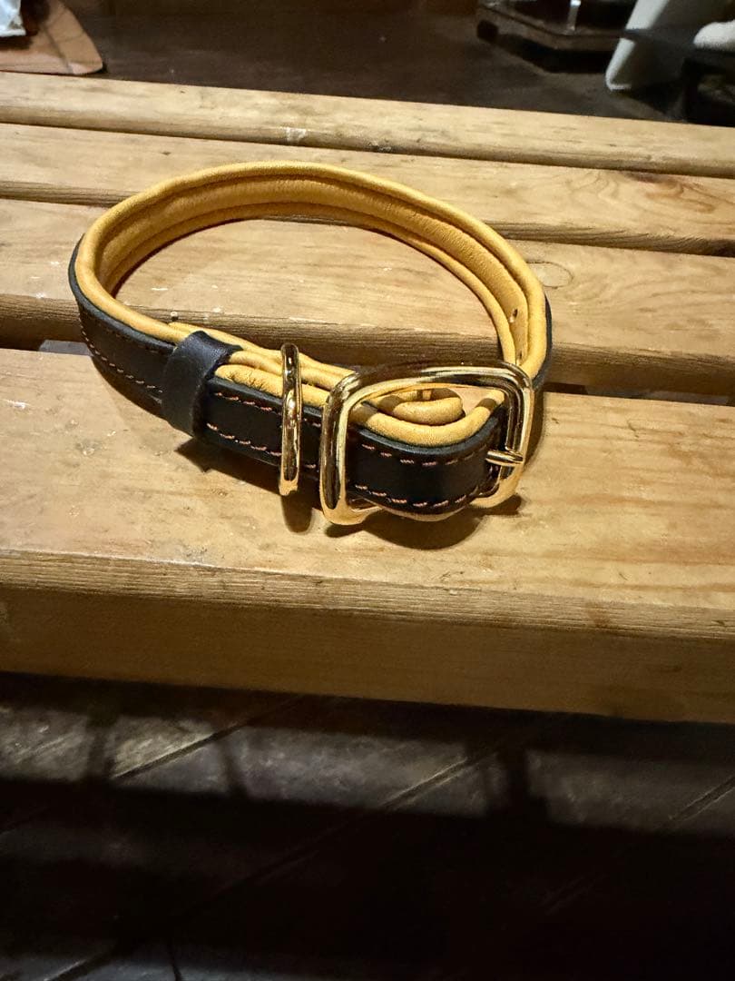 鹿革製品、犬用レザー首輪 黒と黄色 ゴールドバックル【小型犬様】