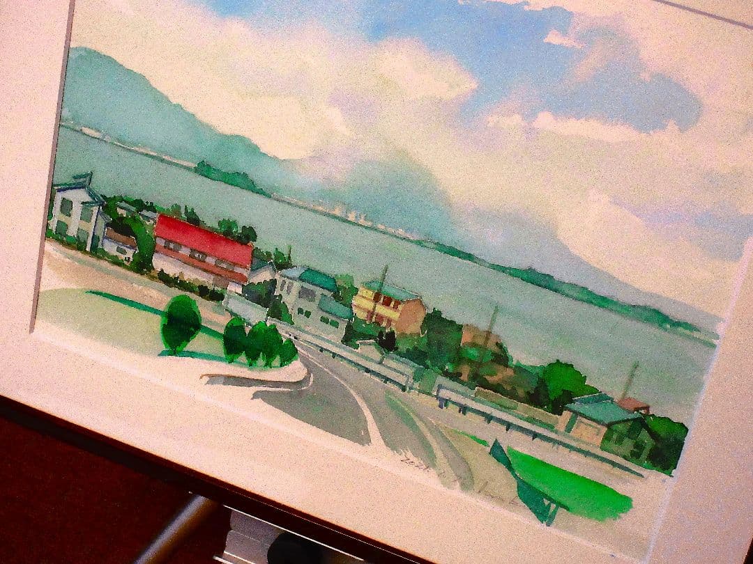 水彩画 相模湾を望む 額装済み