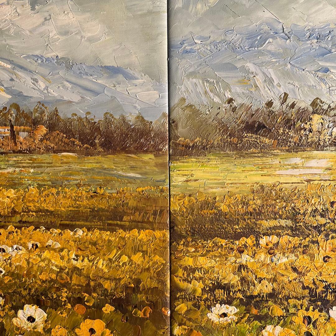 手書き油絵 ３枚組 コスモス畑 肉筆額付 額付き 絵画 インテリア 油彩画