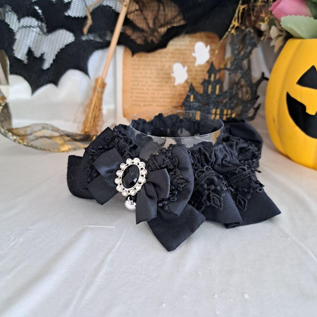 幅広シュシュ、ハロウィン(黒レース)わんちゃん猫ちゃん用