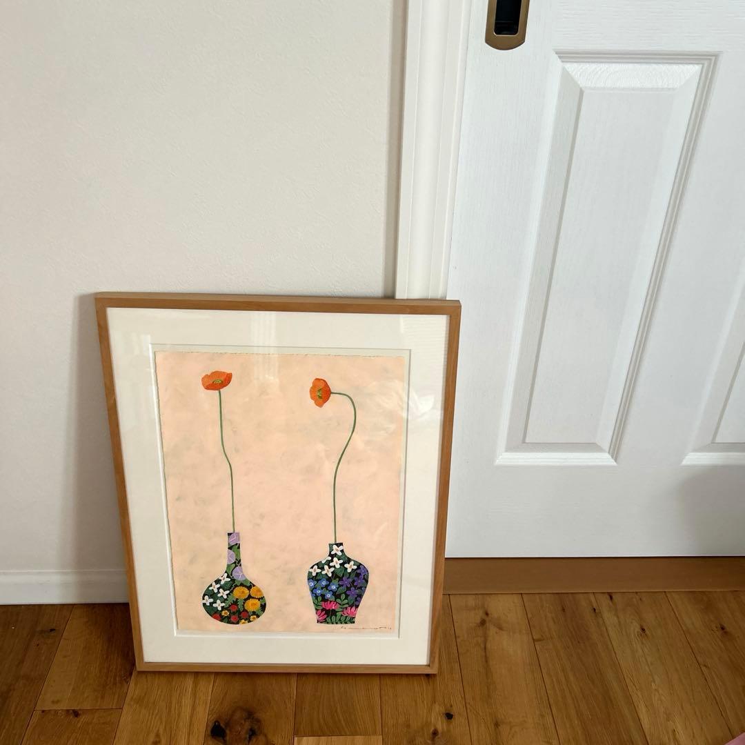 マツモトヨーコ　ドローイング　絵画　「微妙な関係」　ポピーと季節の花ばな