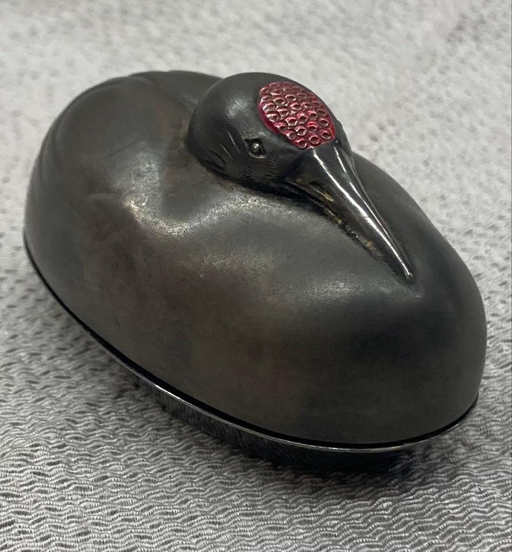 B491s 岡野利光造 鶴亀香合　純銀製　京都　共箱　茶道具　香道具　金工師