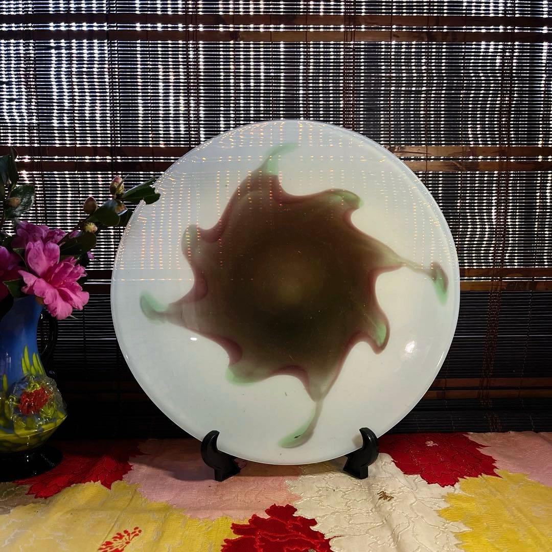 骨董　時代ガラス　乳白色　マット系モダンカラー配色　大型プレート　大皿１客