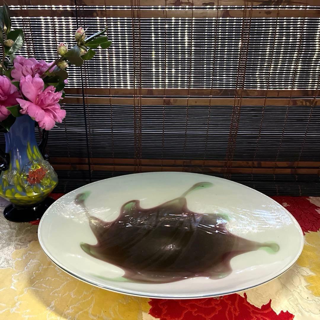 骨董　時代ガラス　乳白色　マット系モダンカラー配色　大型プレート　大皿１客