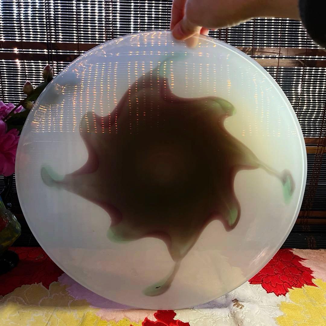 骨董　時代ガラス　乳白色　マット系モダンカラー配色　大型プレート　大皿１客