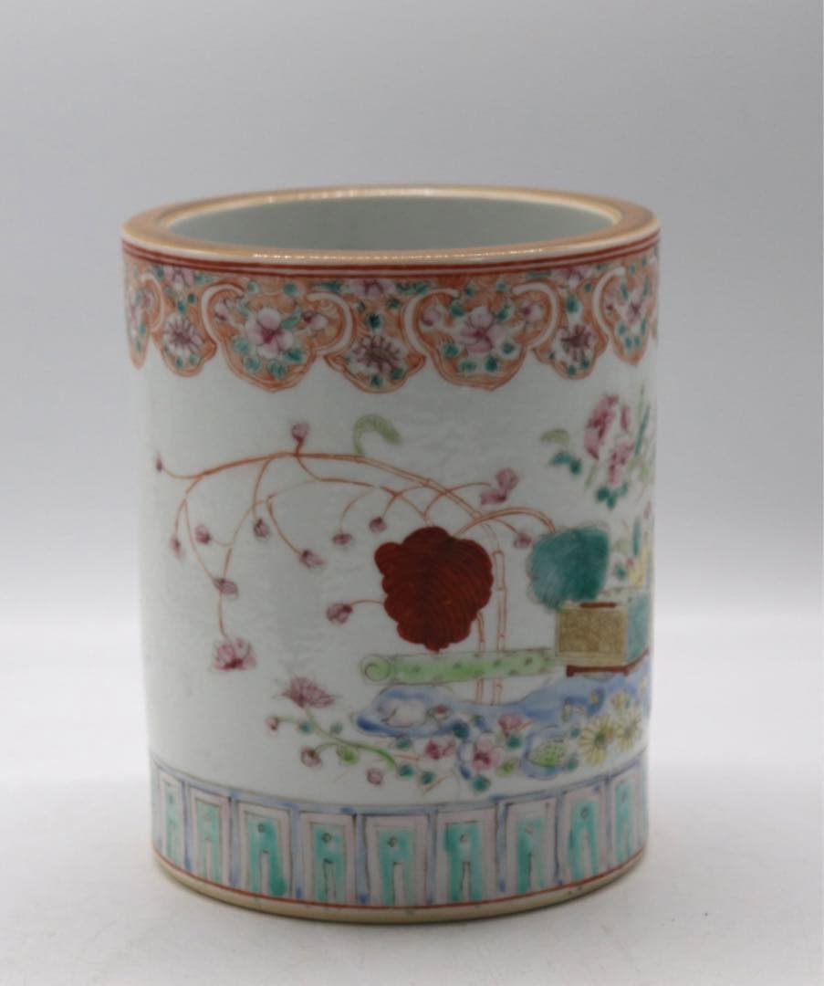 中国　粉彩花卉紋筆入　同治年製　送料込み0814