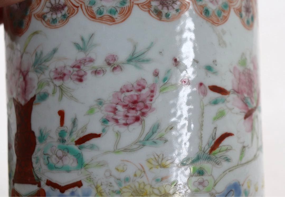 中国　粉彩花卉紋筆入　同治年製　送料込み0814