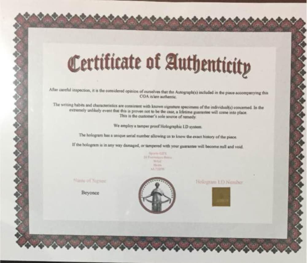 Beyoncé 直筆サイン！！！激レア 早い者勝ち 本物★鑑定書付き★ビヨンセ