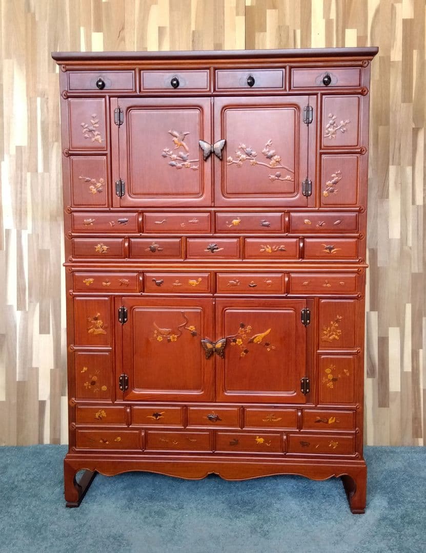 アンティーク　唐木　象嵌模様 花鳥図 李朝家具 李朝箪笥