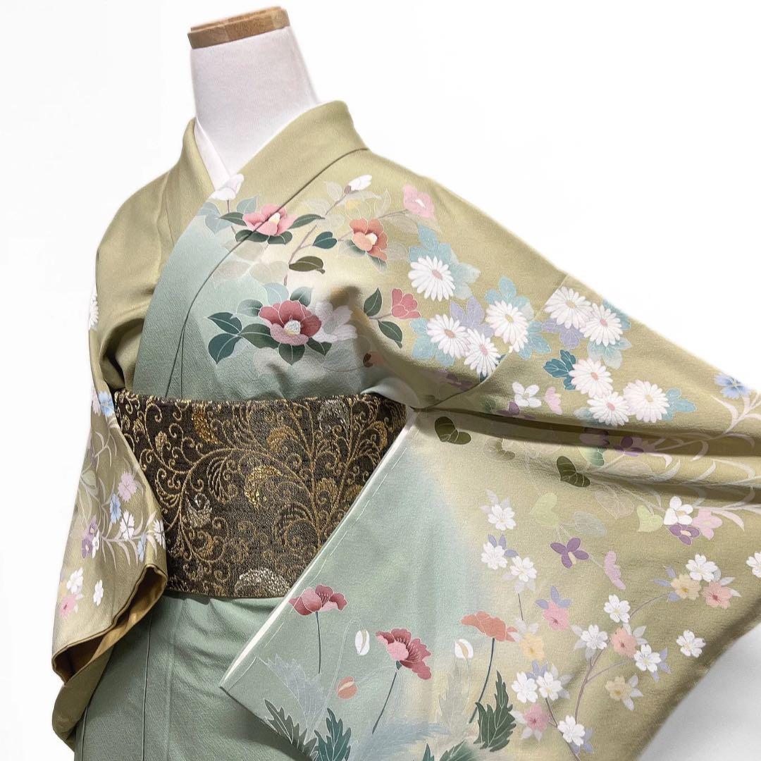 未着用　訪問着　花模様　椿　桜　菊　撫子　グラデーション　着物　064a d