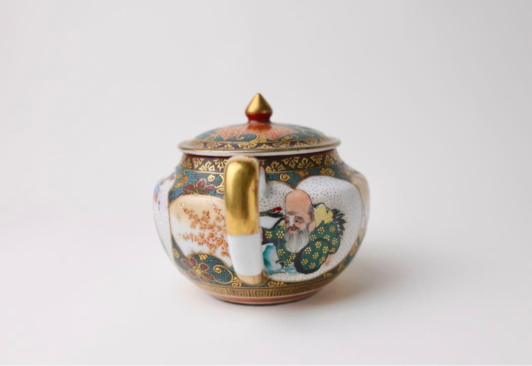 九谷焼　寿老人　細密絵　青海波　七宝図　青粒　煎茶器　急須　茶碗