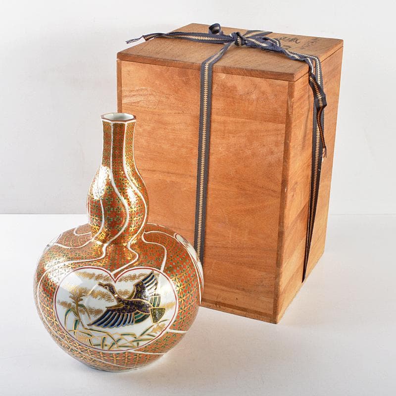 九谷焼　山本重義作　色絵　小紋手　鳥図　瓢箪瓶　共箱　D　R5292B