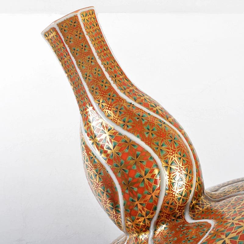 九谷焼　山本重義作　色絵　小紋手　鳥図　瓢箪瓶　共箱　D　R5292B