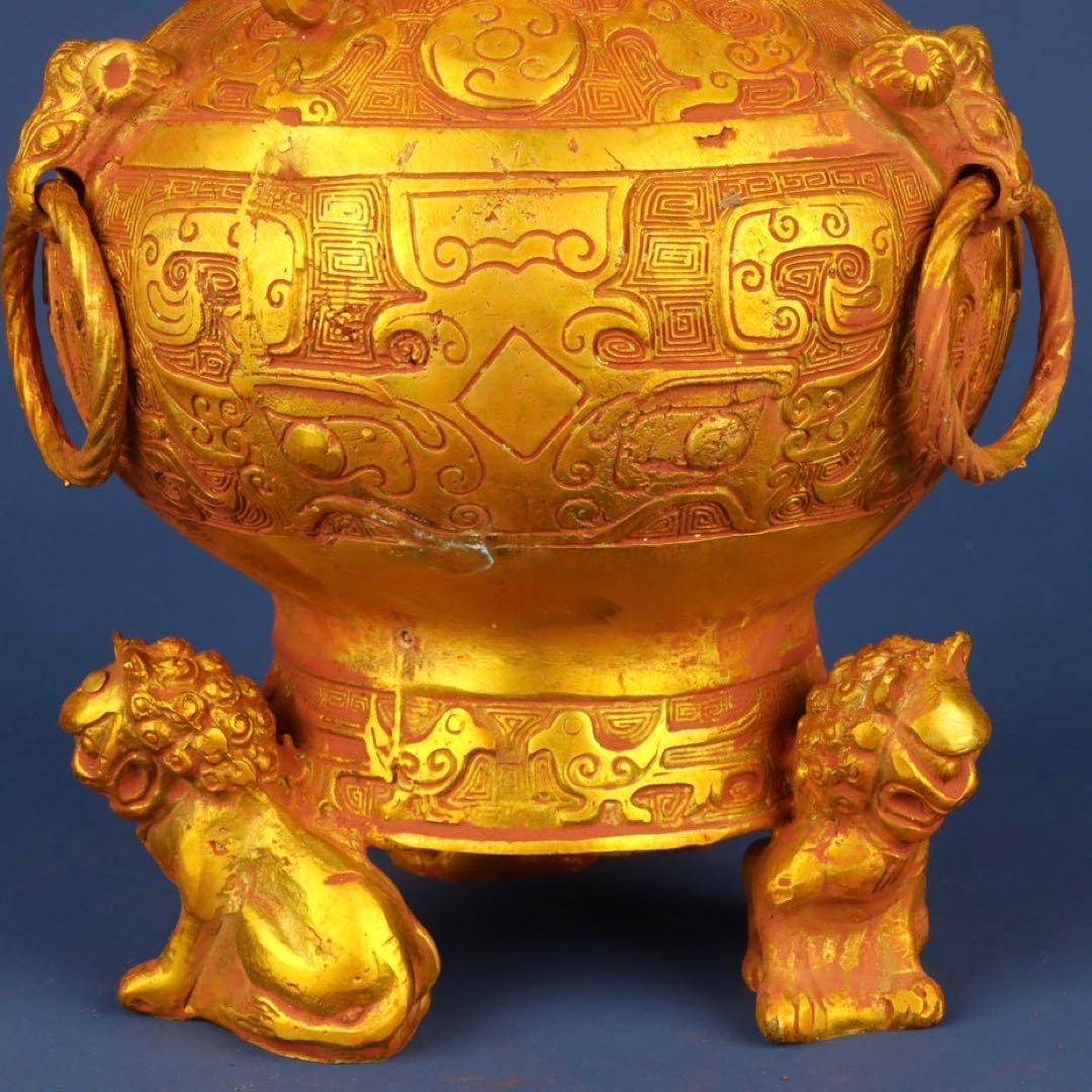 中国古美術 唐物旧蔵 純銅製西周冥紋塗金錯金獅足瓶 極細工 古賞物風水置物 絶品