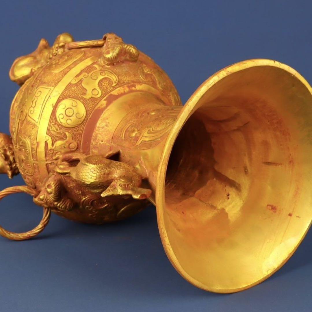 中国古美術 唐物旧蔵 純銅製西周冥紋塗金錯金獅足瓶 極細工 古賞物風水置物 絶品