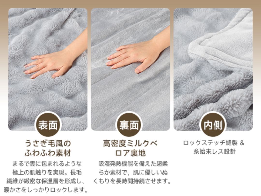 電気毛布　ダブル　グレー　タイマー　温度調節　抗菌　洗える　ラビットファー調