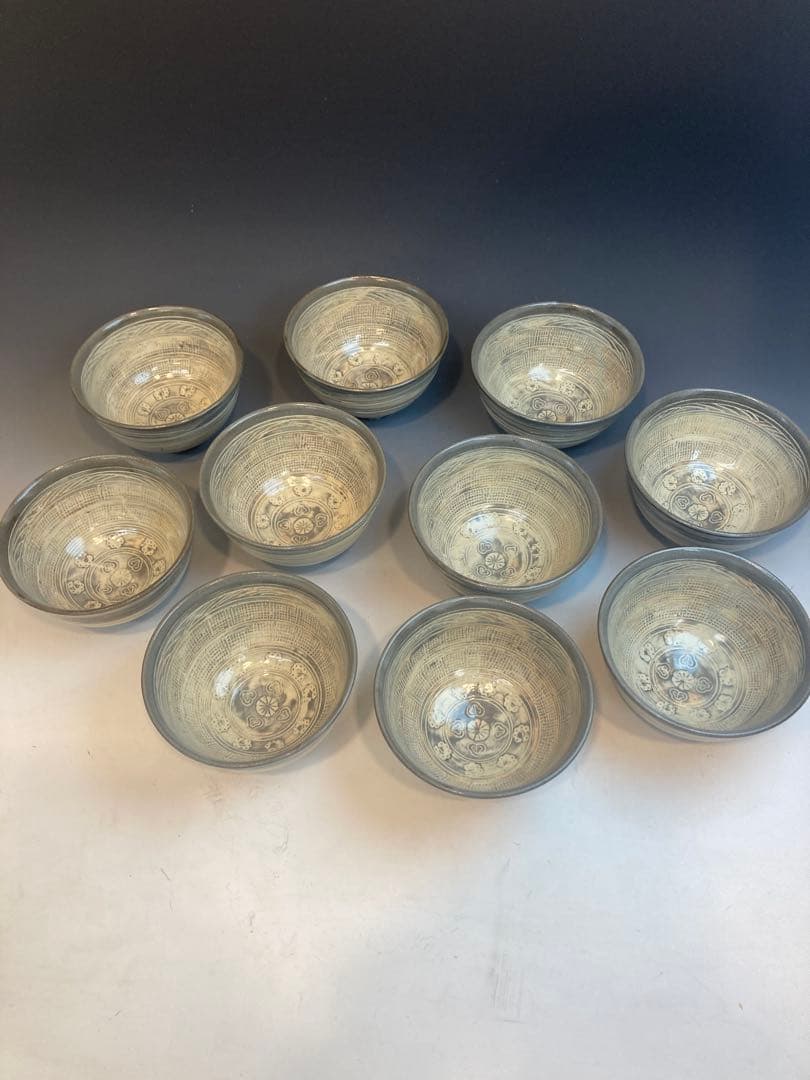 菰山窯 宮田豊 作 三島数茶碗10客 共箱 茶道具