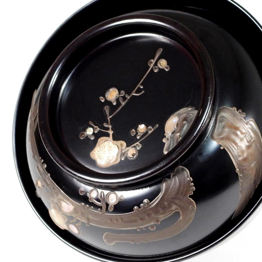 輪島塗　明治大正時期 蒔繪 鑲螺鈿 梅花雕 木製　吸物椀　10客　骨董品