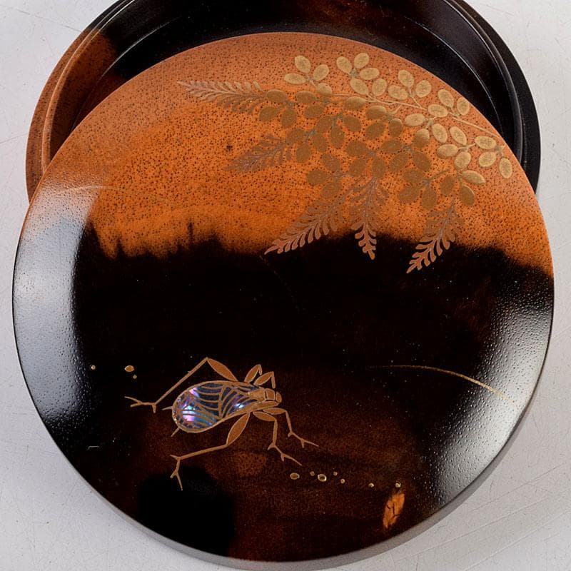 茶道具　輪島塗　北浜宗貴作　黒柿　螺鈿装飾　萩に鈴虫蒔絵　香合　共箱　V9157