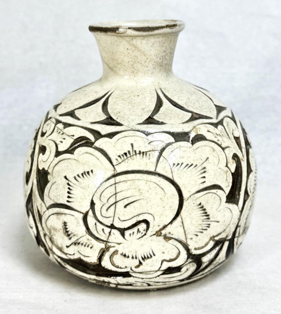 宋時代 磁州窯白釉剔牡丹花紋罐 中国古玩 唐物 歴史有る年代物 WWTT107