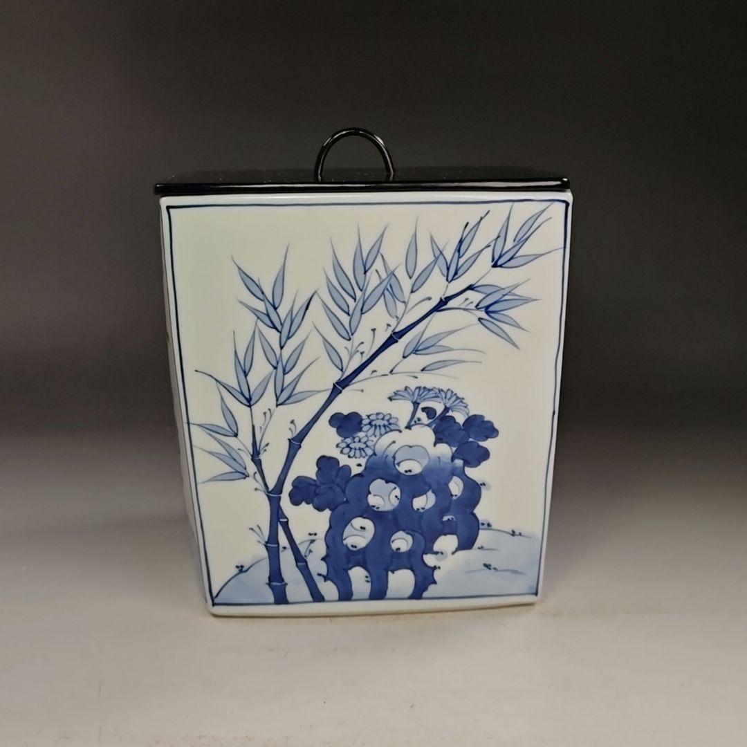 イ943 水指『平安　手塚祥堂』『染付四君子四方形　水指　共箱』茶道具